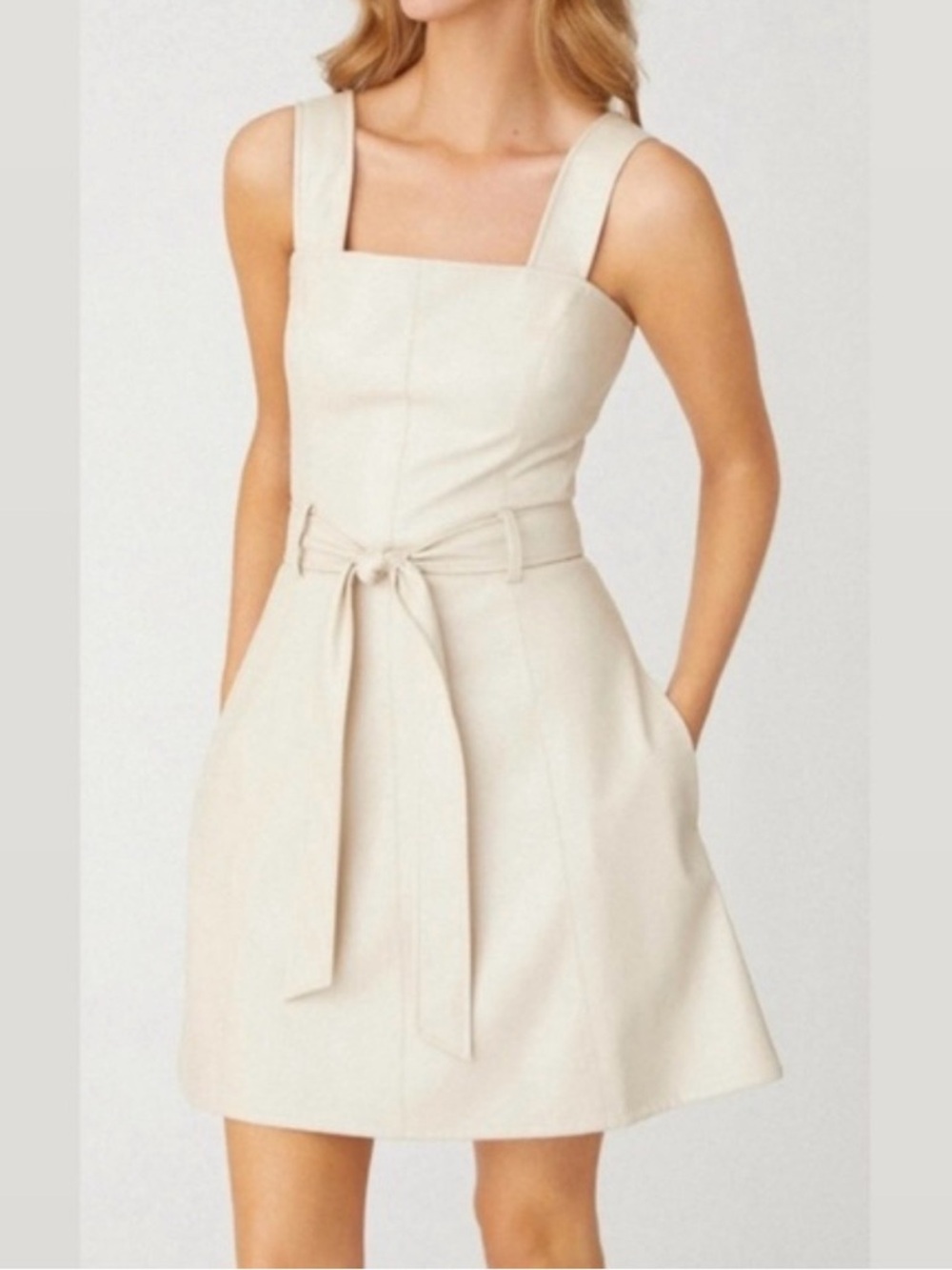 Sleeveless Square-Neck Belted A-Line Dress in Cream